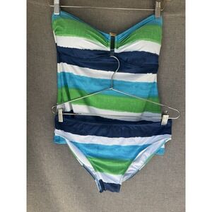 LAUREN RALPH LAUREN Sz 12 Striped 2‎ Piece Swimsuit Blue Green Strapless